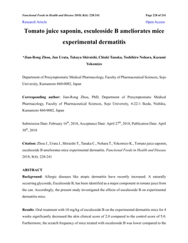 Tomato Juice Saponin, Esculeoside B Ameliorates Mice Experimental Dermatitis