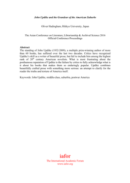 John Updike and the Grandeur of the American Suburbs Oliver Hadingham, Rikkyo University, Japan the Asian Conference on Literatu