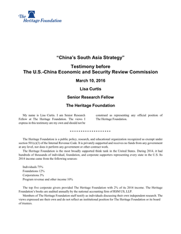 “China's South Asia Strategy” Testimony Before the U.S.-China
