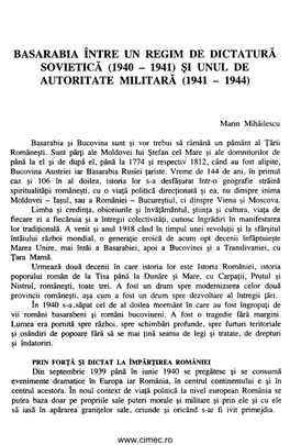 Basarabia Între Un Regim De Dictatură Sovietică (1940 - 1941) Şi Unul De Autoritate Militară (1941 - 1944)