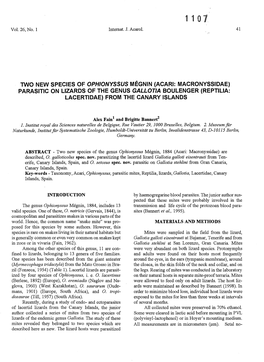 TWO NEW SPECIES of OPHIONYSSUS MEGNIN (ACARI: MACRONYSSIDAE) PARASITIC on LIZARDS of the GENUS Gallotla BOULENGER (REPTILIA: LACERTIDAE) from the CANARY ISLANDS