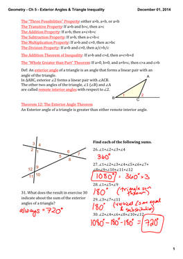 Geometry ­ Ch 5 ­ Exterior Angles & Triangle Inequality December 01, 2014