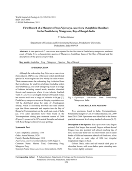 First Record of a Mangrove Frog Fejervarya Cancrivora (Amphibia: Ranidae) in the Pondicherry Mangroves, Bay of Bengal-India