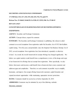 Concept Release on Harmonization of Securities Offering Exemptions (Conformed to Federal Register Version)