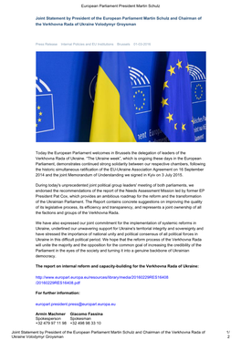 Joint Statement by President of the European Parliament Martin Schulz and Chairman of the Verkhovna Rada of Ukraine Volodymyr Groysman