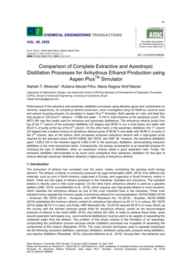 Comparison of Complete Extractive and Azeotropic Distillation Processes for Anhydrous Ethanol Production Using Aspen Plustm Simu