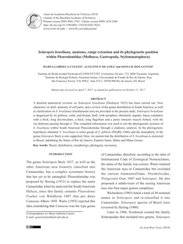 Solaropsis Brasiliana, Anatomy, Range Extension and Its Phylogenetic Position Within Pleurodontidae (Mollusca, Gastropoda, Stylommatophora)