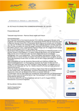 36. ROTHAUS FIS GRAND PRIX SOMMERSKISPRINGEN / 28. Juli 2018 Pressemitteilung #8 1/1 Takanashi Siegt Fulminant – Ramona Stra