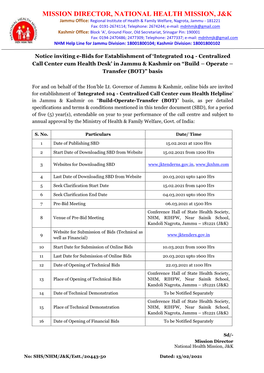 Establishment of Integrated 104 Centralized Call Center Cum Health Desk in Jammu and Kashmir on Build