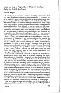 Music and Song in Plays Acted by Children's Companies During the English Renaissance Michael Shapiro