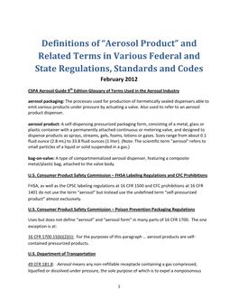 Aerosol Product” and Related Terms in Various Federal and State Regulations, Standards and Codes February 2012