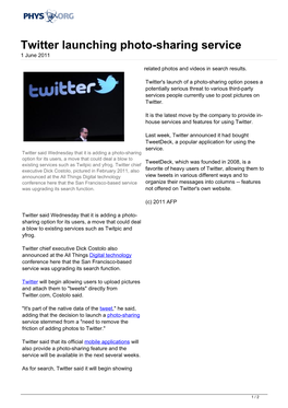 Twitter Launching Photo-Sharing Service 1 June 2011