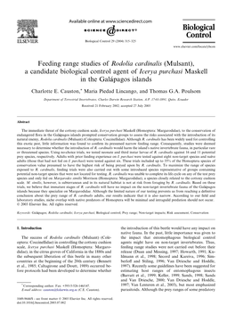 Feeding Range Studies of Rodolia Cardinalis (Mulsant), a Candidate Biological Control Agent of Icerya Purchasi Maskell in the Galaapagos� Islands