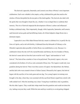 1 the Festivals Lupercalia, Saturnalia, and Lemuria Were Three of Rome's
