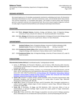 Rebecca Tarvin Rdtarvin@Berkeley.Edu the University of California Berkeley, Department of Integrative Biology Apr 2019 Page 1 of 10