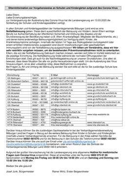 Elterninformation Zur Vorgehensweise an Schulen Und Kindergärten Aufgrund Des Corona-Virus