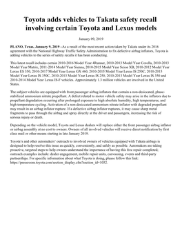 Toyota Adds Vehicles to Takata Safety Recall Involving Certain Toyota and Lexus Models