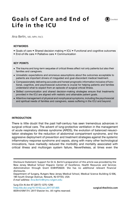 Goals of Care and End of Life in the ICU