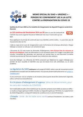 Memo Special Du Siao « Urgence » - Periode De Confinement Liee a La Lutte Contre La Propagation Du Covid 19