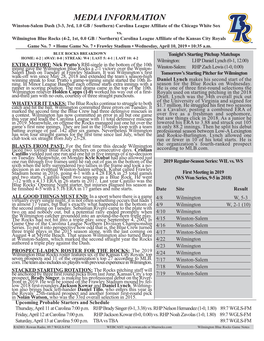 MEDIA INFORMATION Winston-Salem Dash (3-3, 3Rd, 1.0 GB / Southern) Carolina League Affiliate of the Chicago White Sox Vs