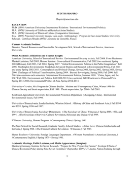 JUDITH SHAPIRO Shapiro@American.Edu EDUCATION Ph.D. (1999) American University (International Relations / International Environm