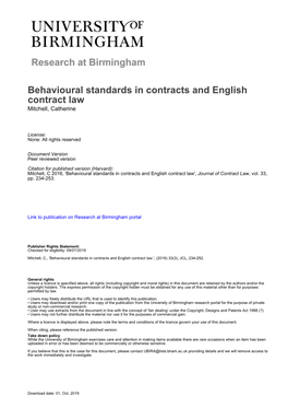 Behavioural Standards in Contracts and English Contract Law Mitchell, Catherine