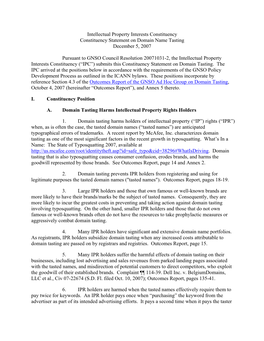 Intellectual Property Interests Constituency Constituency Statement on Domain Name Tasting December 5, 2007