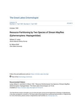 Resource Partitioning by Two Species of Stream Mayflies (Ephemeroptera: Heptageniidae)