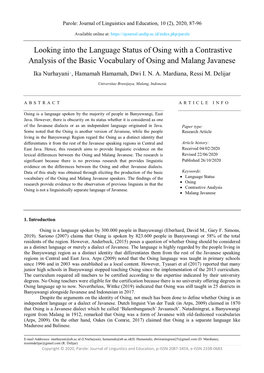 Looking Into the Language Status of Osing with a Contrastive Analysis of the Basic Vocabulary of Osing and Malang Javanese