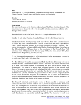 Title Interview Rev. Dr. Nathan Samwini, Director of Christian-Muslim Relations at the Ghana Christian Council, Accra and Muslim Convert to Christianity