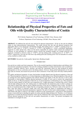 Relationship of Physical Properties of Fats and Oils with Quality Characteristics of Cookie