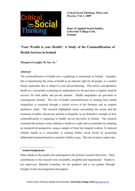A Study of the Commodification of Health Services in Ireland