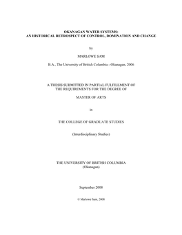 Okanagan Water Systems: an Historical Retrospect of Control, Domination and Change