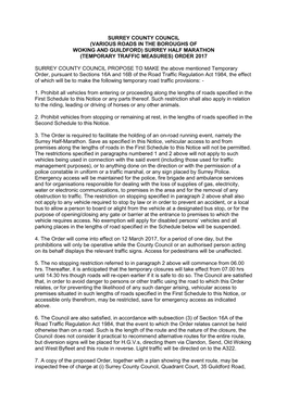 Surrey County Council (Various Roads in the Boroughs of Woking and Guildford) Surrey Half Marathon (Temporary Traffic Measures) Order 2017