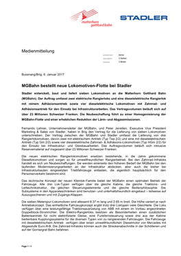 Medienmitteilung Mgbahn Bestellt Neue Lokomotiven-Flotte Bei Stadler