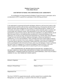 Brigham Young University Utah, Idaho, Hawaii ASSUMPTION of RISK and LIMITED RELEASE AGREEMENT in Consideration for Being Permitt