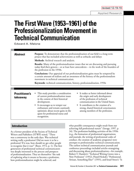 The First Wave (1953–1961) of the Professionalization Movement in Technical Communication Edward A