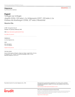 Pagnol Trilogie Sur Trilogie Angèle (1934, 133 Min.), Le Schpountz (1937, 133 Min.), La Femme Du Boulanger (1938, 127 Min.) Montréal Maurice Elia