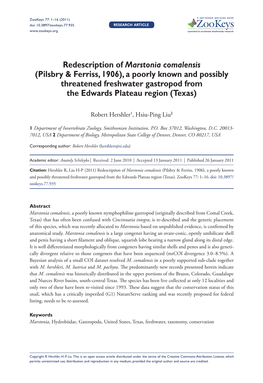 Redescription of Marstonia Comalensis (Pilsbry & Ferriss, 1906), a Poorly Known and Possibly Threatened Freshwater Gastropod from the Edwards Plateau Region (Texas)