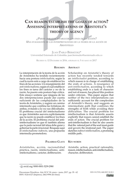 Can Reason Establish the Goals of Action? Assessing Interpretations of Aristotle’S Theory of Agency