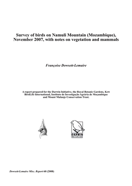Survey of Birds on Namuli Mountain (Mozambique), November 2007, with Notes on Vegetation and Mammals