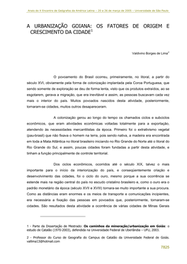 A Urbanização Goiana: Os Fatores De Origem E Crescimento Da Cidade 1