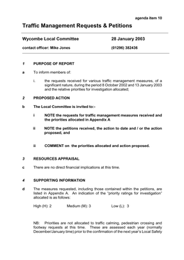 Traffic Management Requests & Petitions 28 January 2003