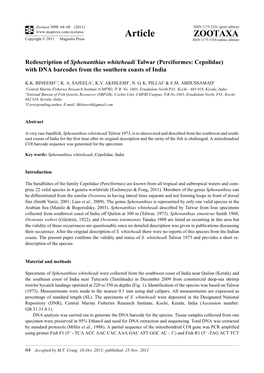 Redescription of Sphenanthias Whiteheadi Talwar (Perciformes: Cepolidae) with DNA Barcodes from the Southern Coasts of India