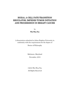 Hoxa5, a Cell Fate Transition Regulator, Impedes Tumor Initiation and Progression in Breast Cancer