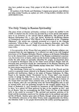 The Holy Trinity in Russian Spirituality the Deep Stream of Russian Spirituality Continues to Inspire the Faithful in the USSR