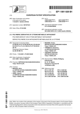 Polymeric Derivative of Cytidine Metabolic Antagonist Polymer-Derivat Von Cytidin Metabolit Antagonist Derive Polymere D’Un Antagoniste Metabolique De La Cytidine