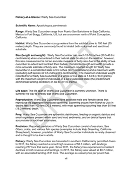 Vii Fishery-At-A-Glance: Warty Sea Cucumber Scientific Name: Apostichopus Parvimensis Range: Warty Sea Cucumber Range from Puert
