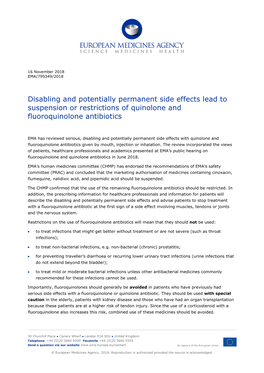 Disabling and Potentially Permanent Side Effects Lead to Suspension Or Restrictions of Quinolone and Fluoroquinolone Antibiotics