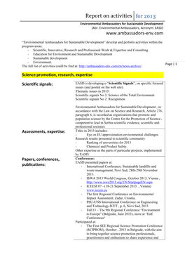 Report on Activities for 2013 Environmental Ambassadors for Sustainable Development (Abr